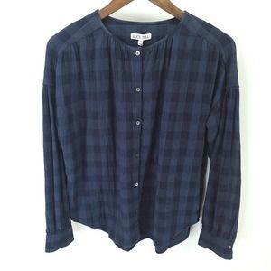 Alex Mill Top Womens Medium Plaid Navy Button Up Long Sleeve Collarless Casual